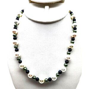 Genuine Pearl Strand Necklace, Vintage White Beads with Green and Black Smaller